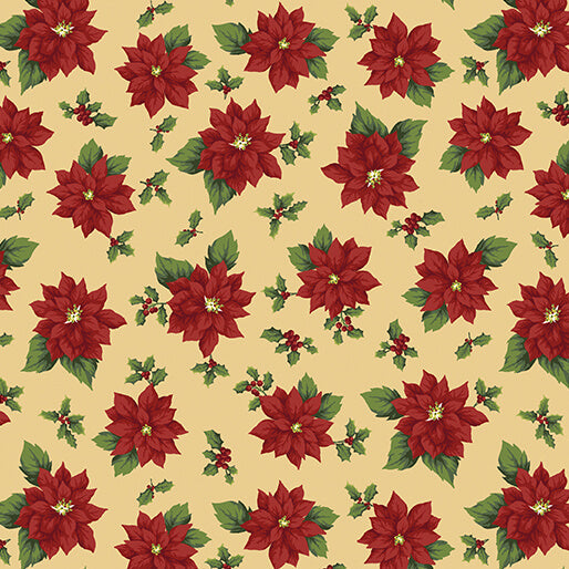 45 x 36 Poinsettia Toss on Honey Benartex 100% Cotton Fabric Christmas