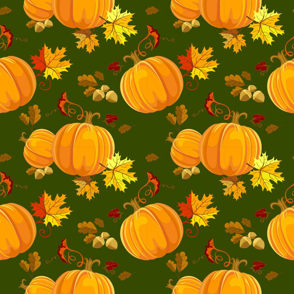 Fall Autumn Thanksgiving Pumpkins and Leaves on Dark Green 100% Cotton Fabric