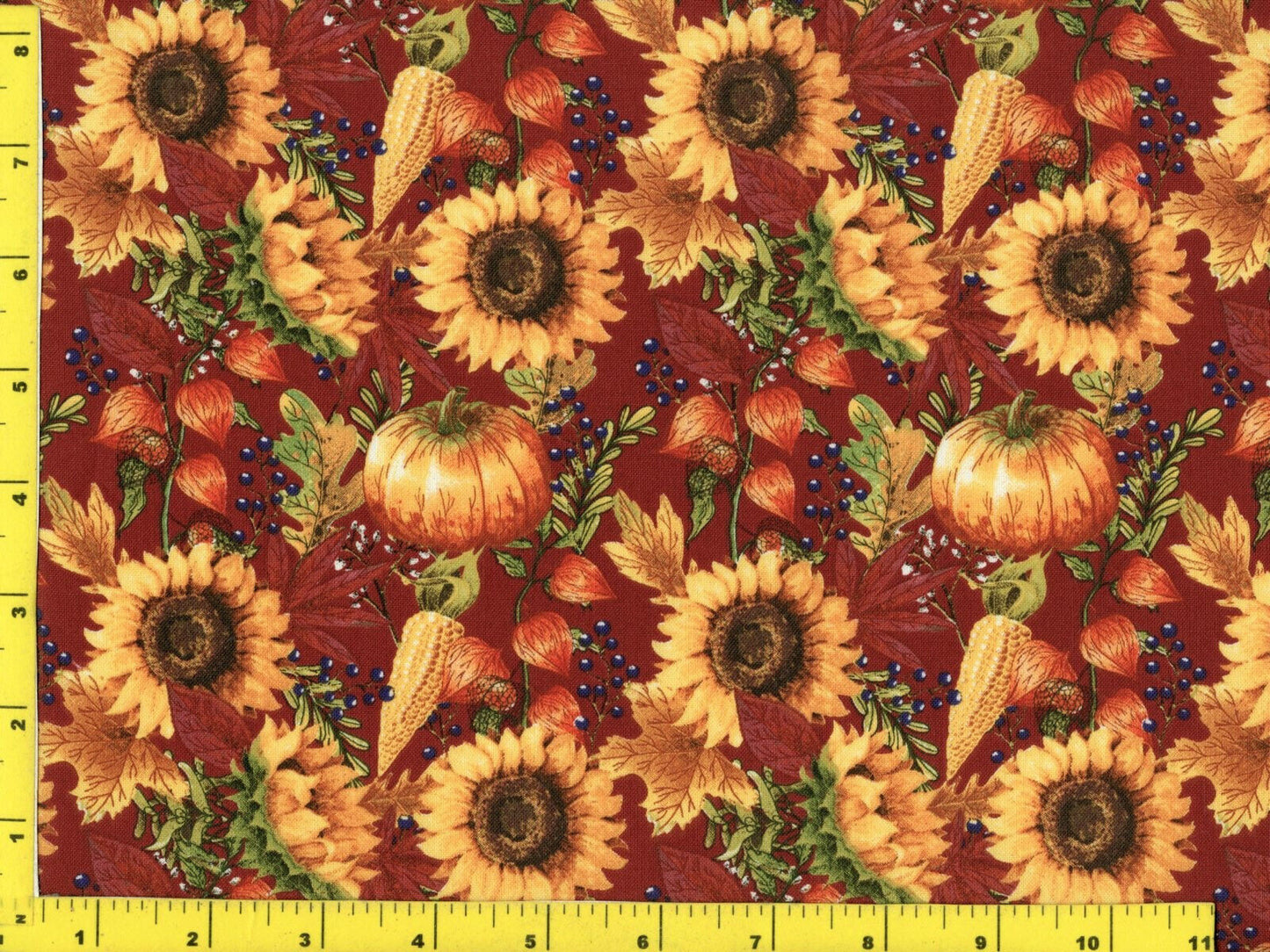 45 x 36 Pumpkins and Sunflowers on Burgundy Fall Autumn Thanksgiving 100% Cotton Fabric