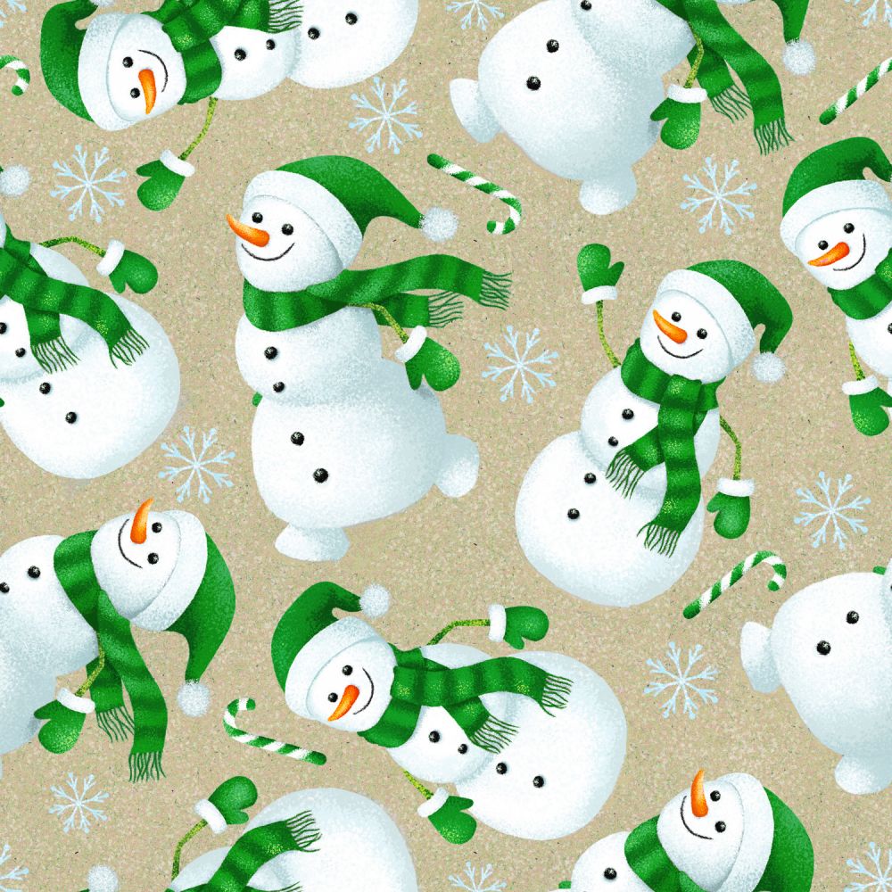 45 x 36 Snowmen with Green Scarves on Tan 100% Cotton Christmas
