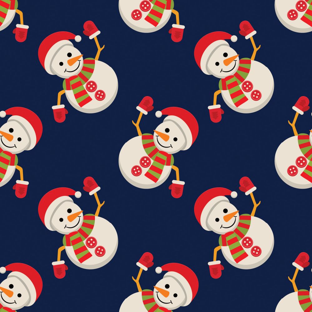 Christmas Waving Snowmen on Blue 100% Cotton