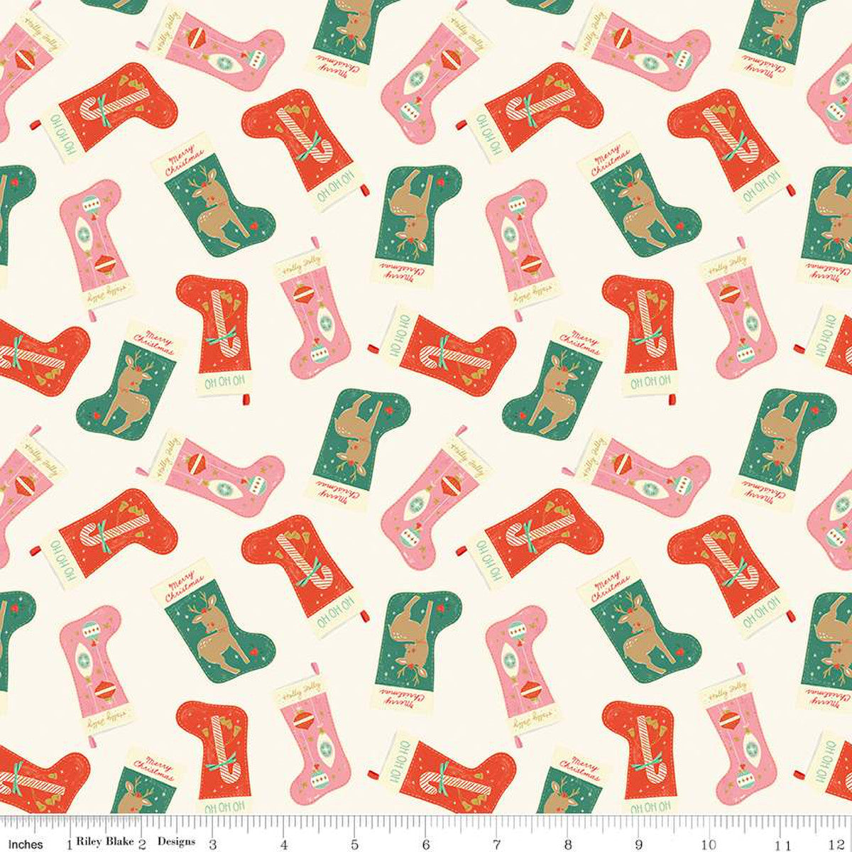Christmas Tossed Stockings Mint Cream Riley Blake 100% Cotton Price Per Yard