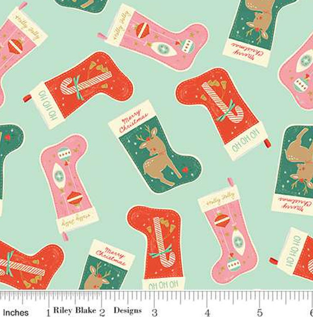 Christmas Tossed Stockings Mint Green Riley Blake 100% Cotton Price Per Yard