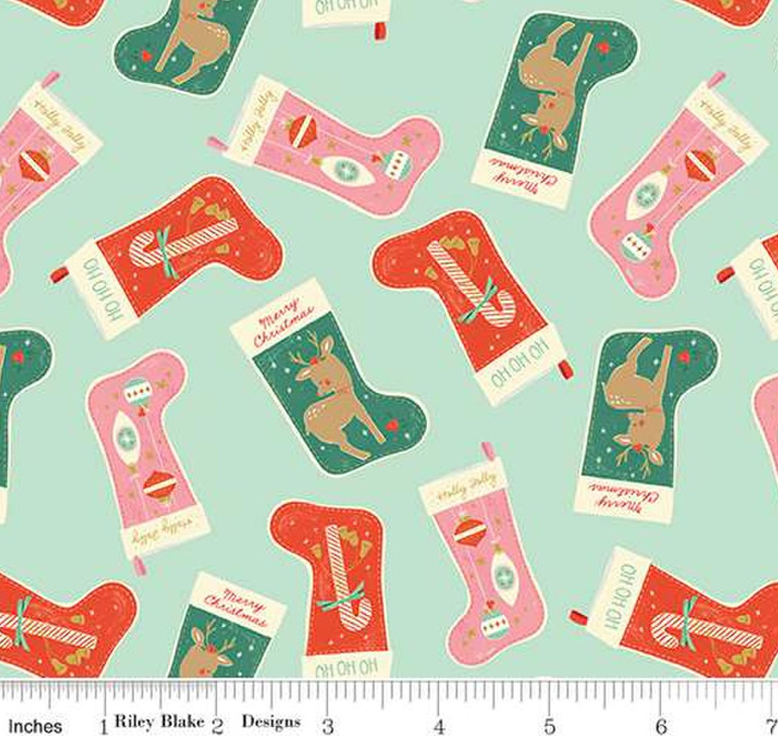 Christmas Tossed Stockings Mint Green Riley Blake 100% Cotton Price Per Yard