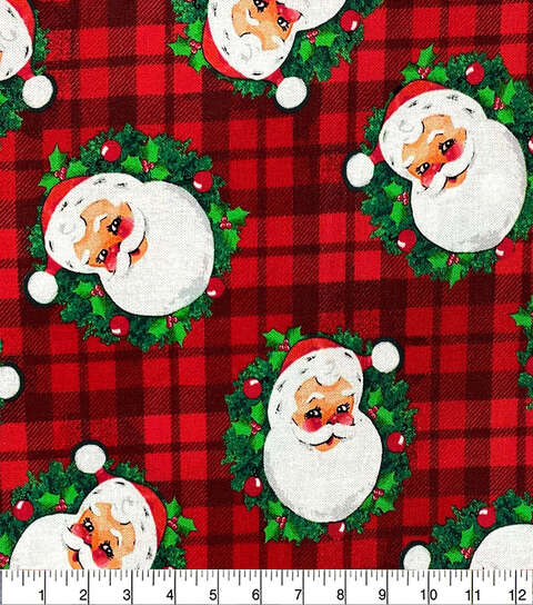 Fabric Traditions Christmas Santas on Red Plaid 100% Cotton Price Per Yard