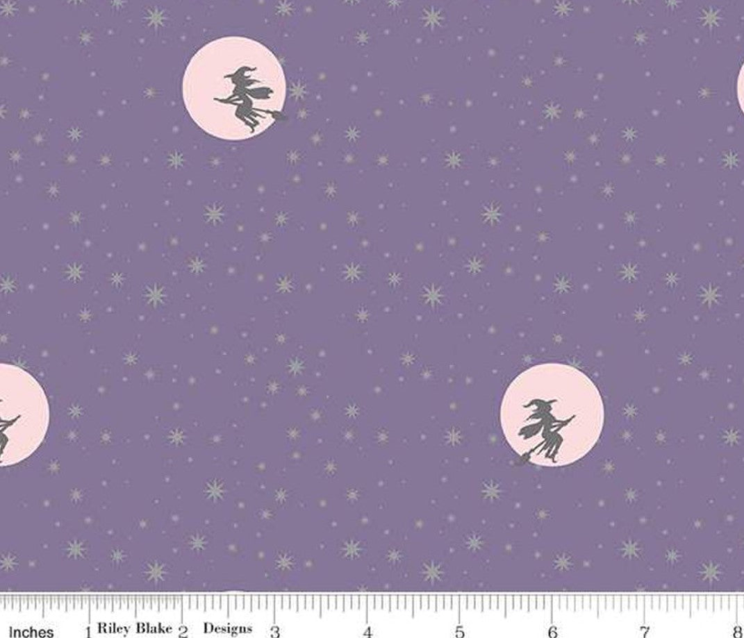 Halloween Starry Night Witch Moon Lilac Purple Sparkle Riley Blake 100% Cotton Price Per Yard