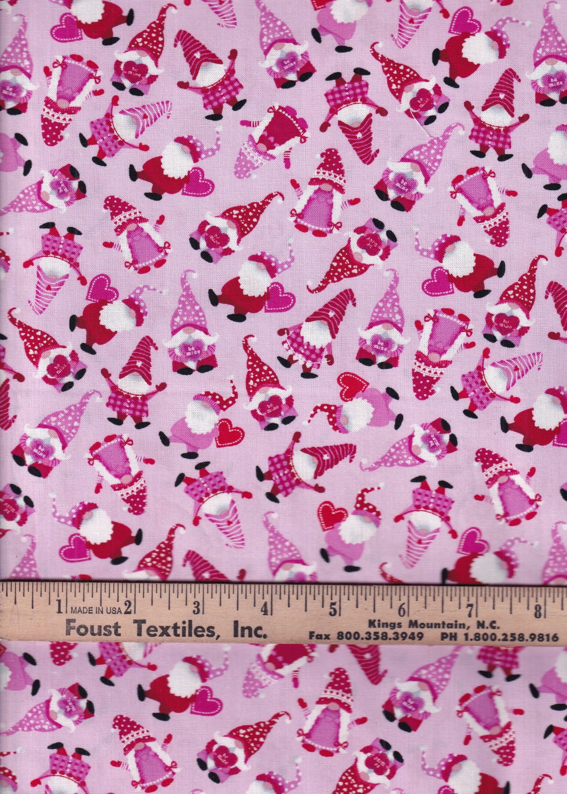 Hi-Fashion Valentines Day Tossed Gnomes on Pink By the Yard