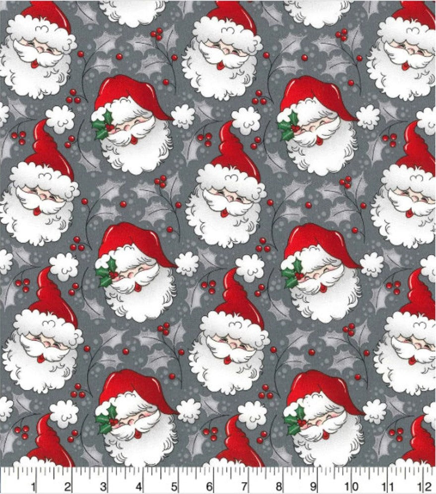 Price Per Yard Christmas Large Santa Heads on Grey Glitter Fabric Traditions 100% Cotton