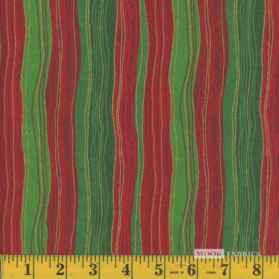 Price Per Yard Christmas Red Green Gold Wavy Lines Blender Glitter Fabric Traditions 100% Cotton