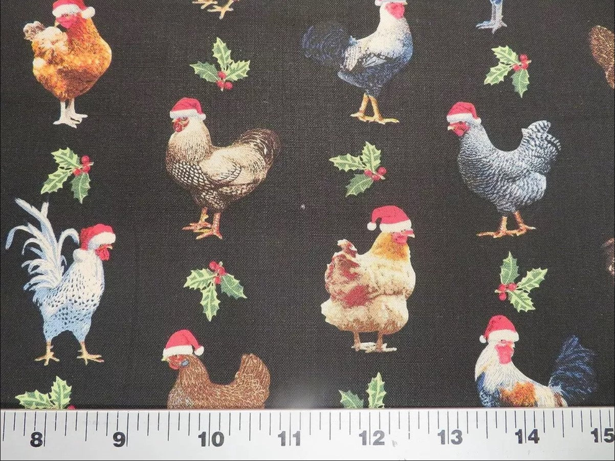 Price per Yard Christmas Roosters Chickens wearing Santa Hats on Black Fabric Traditions 100% Cotton