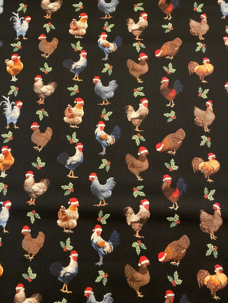 Price per Yard Christmas Roosters Chickens wearing Santa Hats on Black Fabric Traditions 100% Cotton
