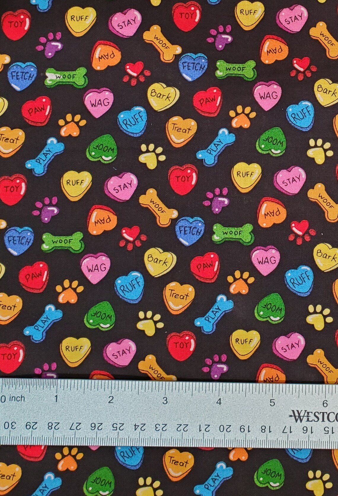 Price Per Yard Dog Puppies Bones and Hearts on Black Fabric Traditions 100% Cotton Valentine