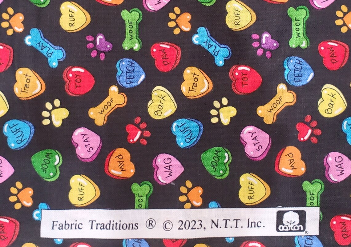 Price Per Yard Dog Puppies Bones and Hearts on Black Fabric Traditions 100% Cotton Valentine