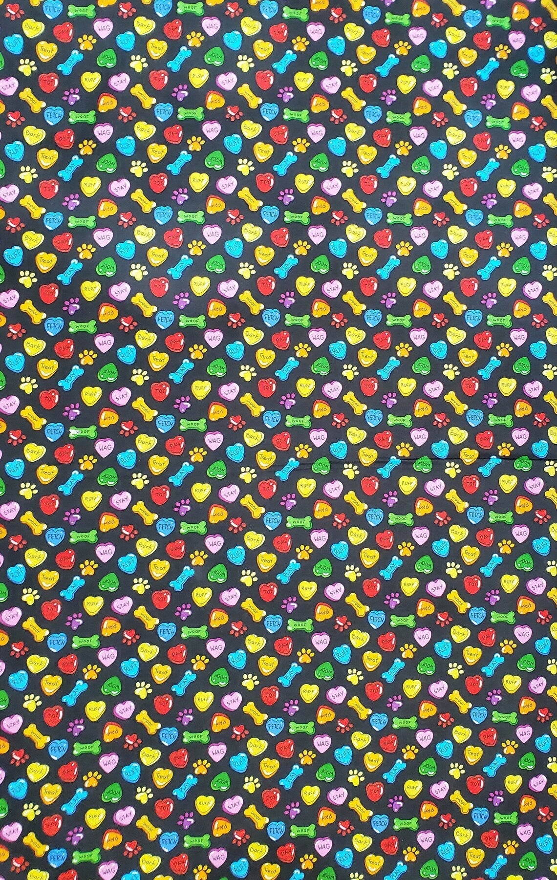 Price Per Yard Dog Puppies Bones and Hearts on Black Fabric Traditions 100% Cotton Valentine
