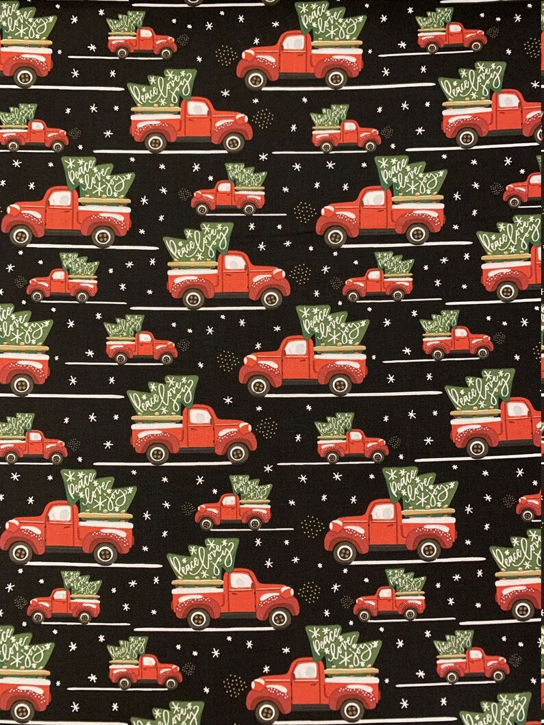 Price Per Yard Peace Love Joy in Vintage Red Truck on Black 100% Cotton Christmas Fabric