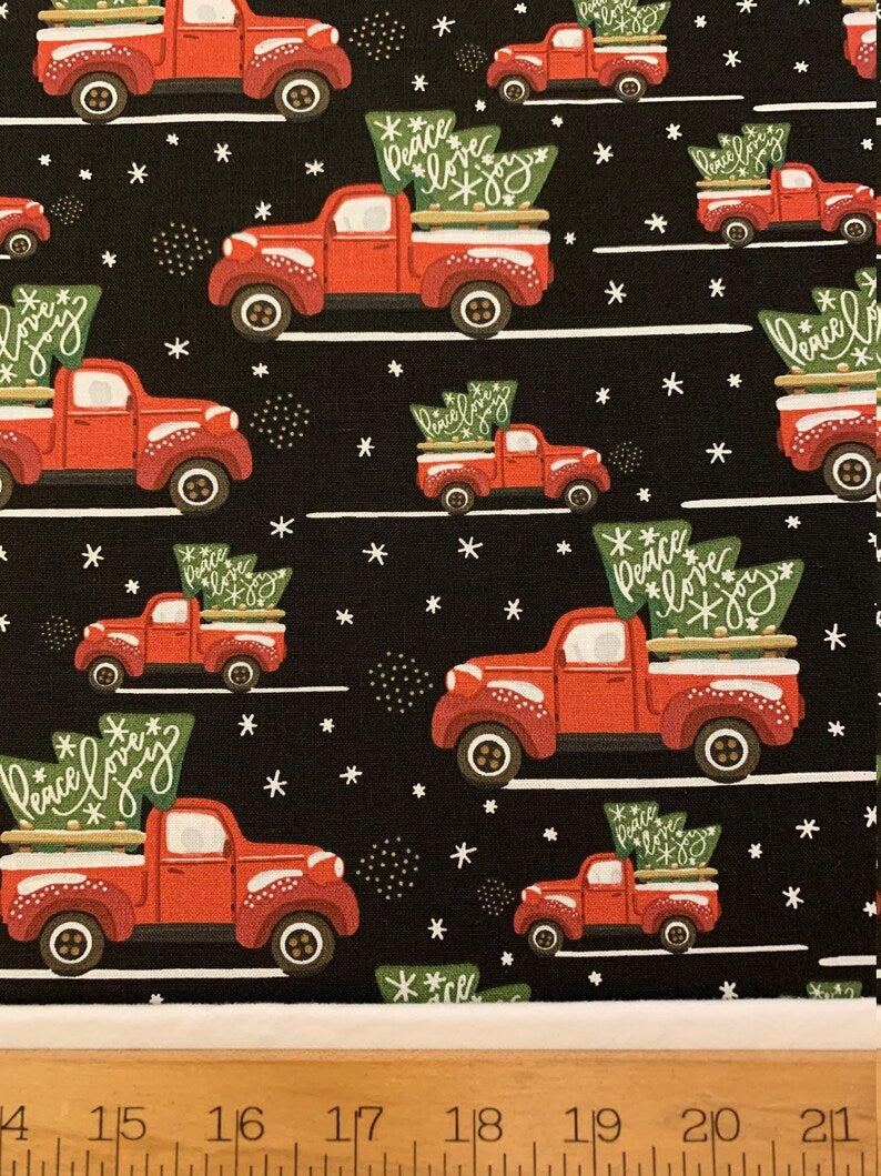 Price Per Yard Peace Love Joy in Vintage Red Truck on Black 100% Cotton Christmas Fabric