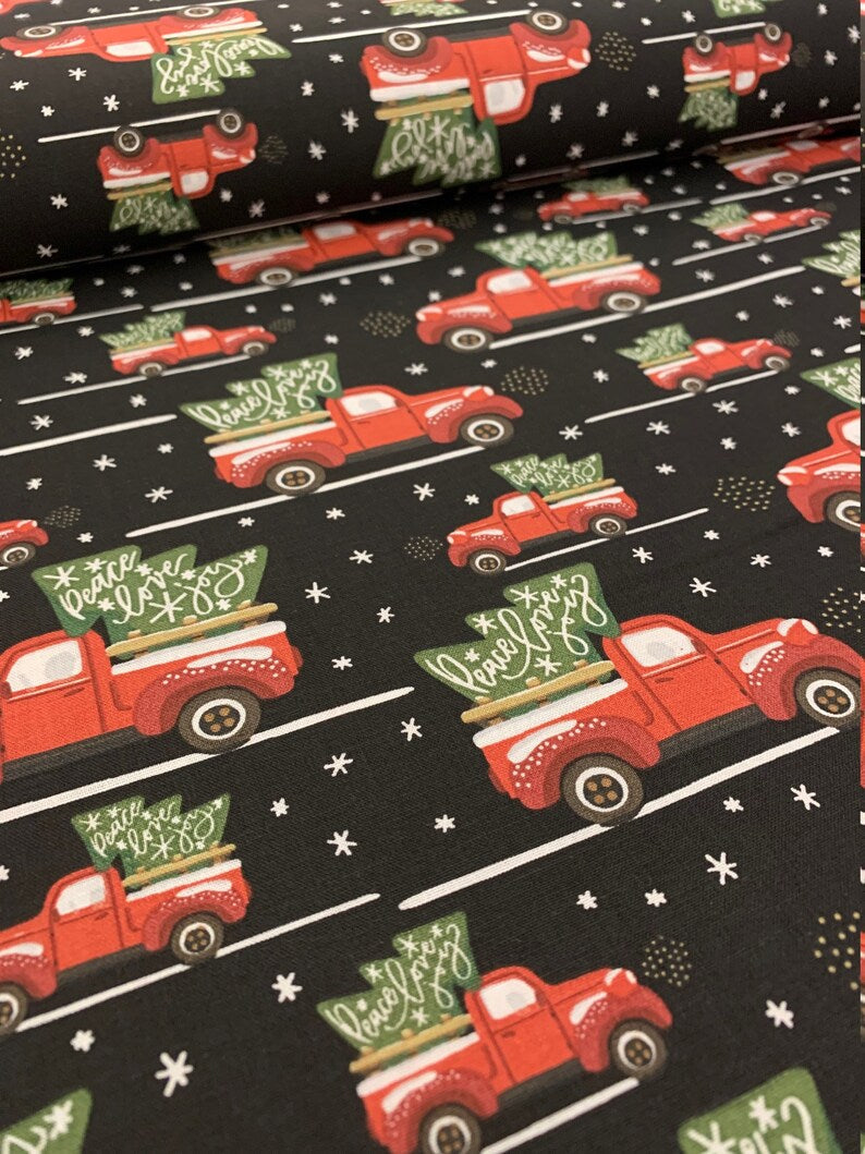 Price Per Yard Peace Love Joy in Vintage Red Truck on Black 100% Cotton Christmas Fabric
