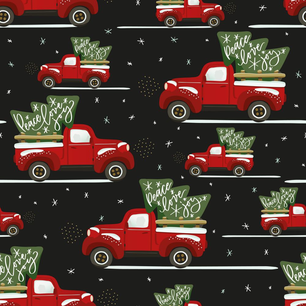 Price Per Yard Peace Love Joy in Vintage Red Truck on Black 100% Cotton Christmas Fabric