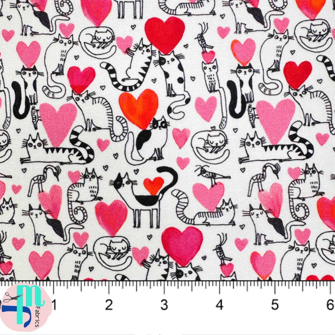 Price Per Yard Playful Hearts and Cats on White Benartex 100% Cotton Valentine