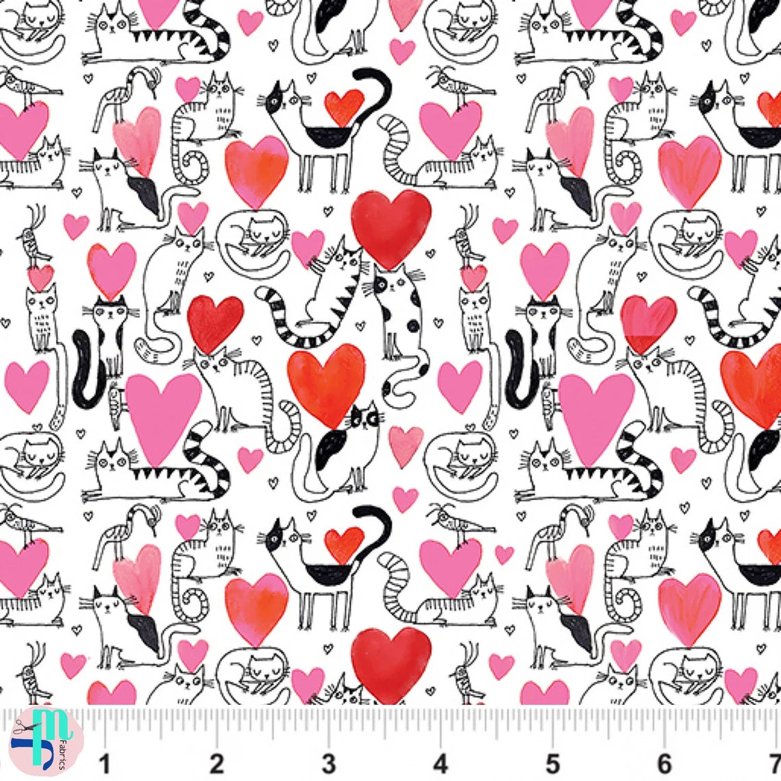 Price Per Yard Playful Hearts and Cats on White Benartex 100% Cotton Valentine