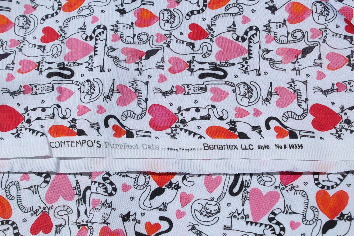 Price Per Yard Playful Hearts and Cats on White Benartex 100% Cotton Valentine