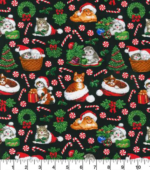 Robert Kaufman Happy Kittens Cats on Black 100% Cotton Price Per Yard