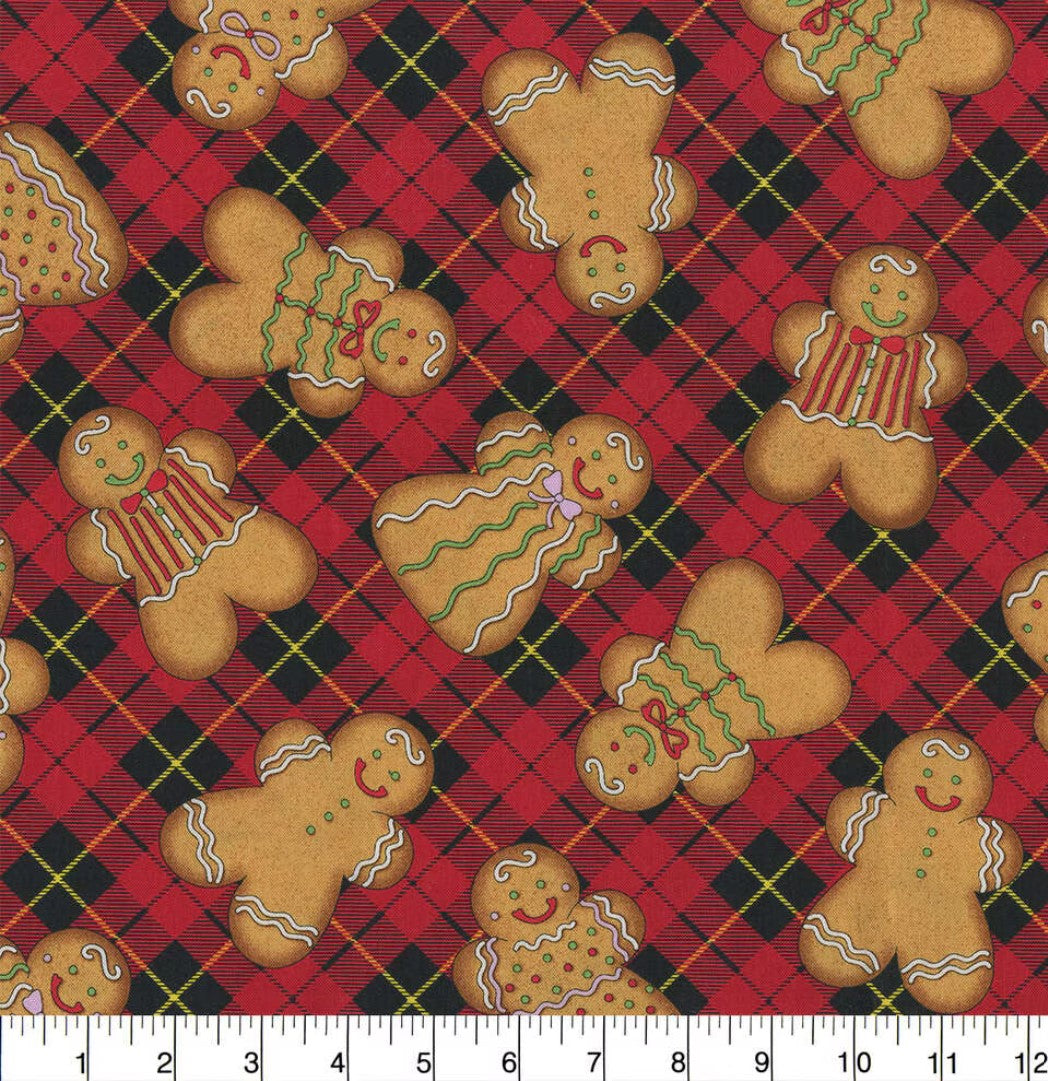 Timeless Treasures Gingerbread on Red Plaid 100% Cotton Fabric