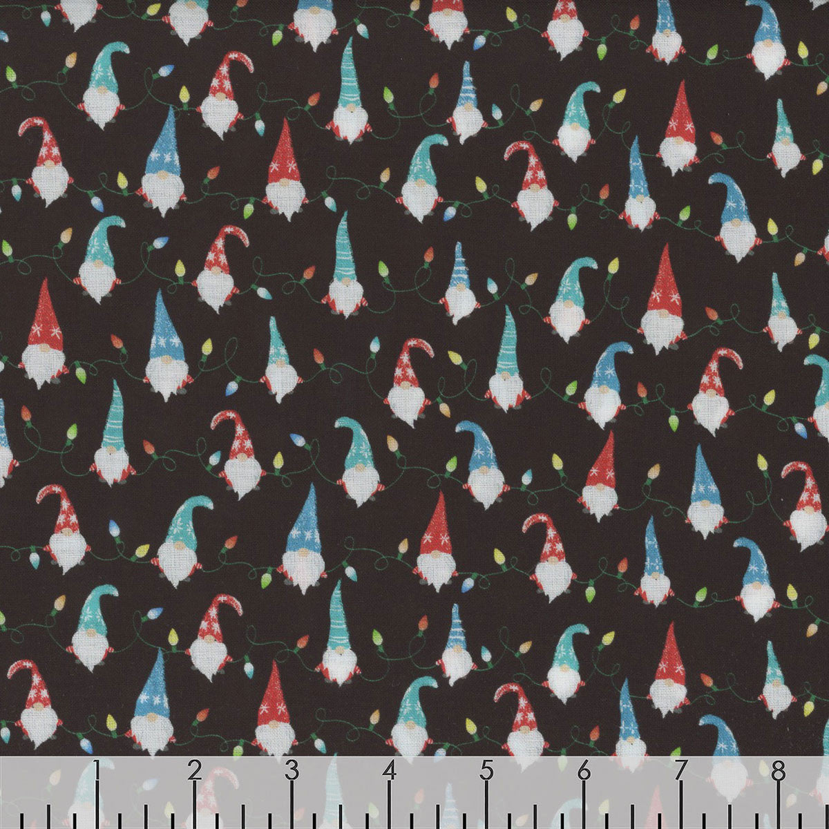 Timeless Treasures Mini Gnome String Lights Black Digital 100% Cotton Fabric Christmas