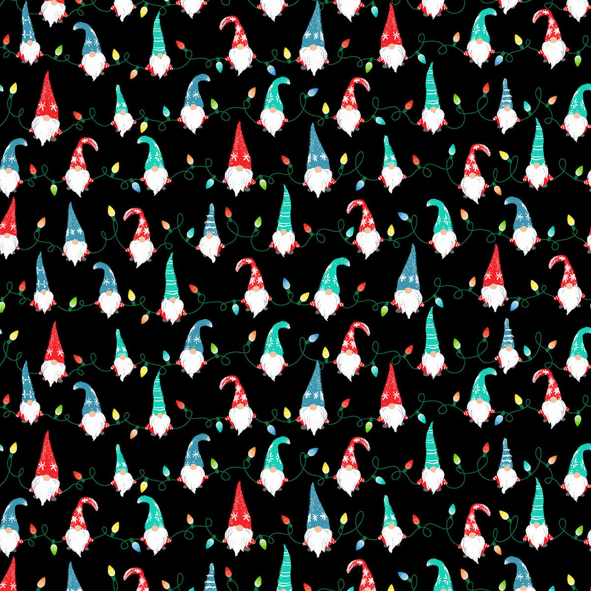Timeless Treasures Mini Gnome String Lights Black Digital 100% Cotton Fabric Christmas