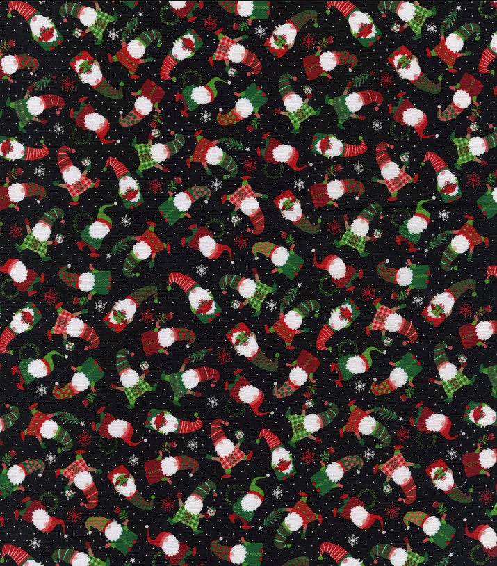 Hi Fashion Christmas Red Green Tossed Gnomes 100% Cotton Fabric