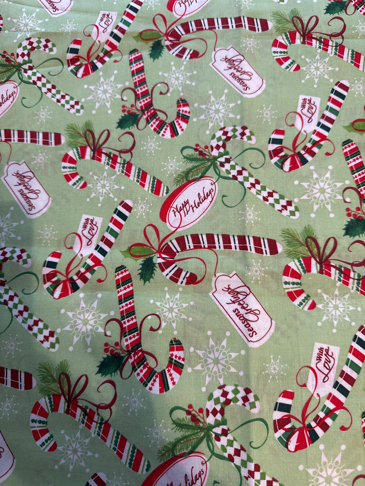Christmas Large Candy Canes and Tags on Green 100% Cotton Price per Yard