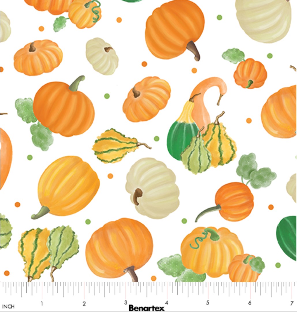 Benartex Thanksgiving Falling For Gnomes Pumpkin On White 100% Cotton Fabric Price per Yard