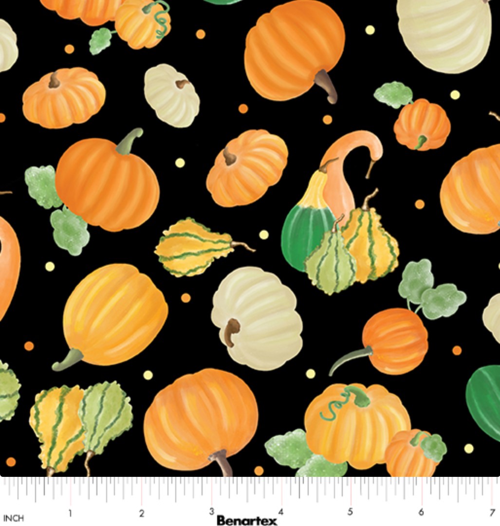 Benartex Thanksgiving Falling For Gnomes Pumpkin On Black 100% Cotton Fabric Price per Yard