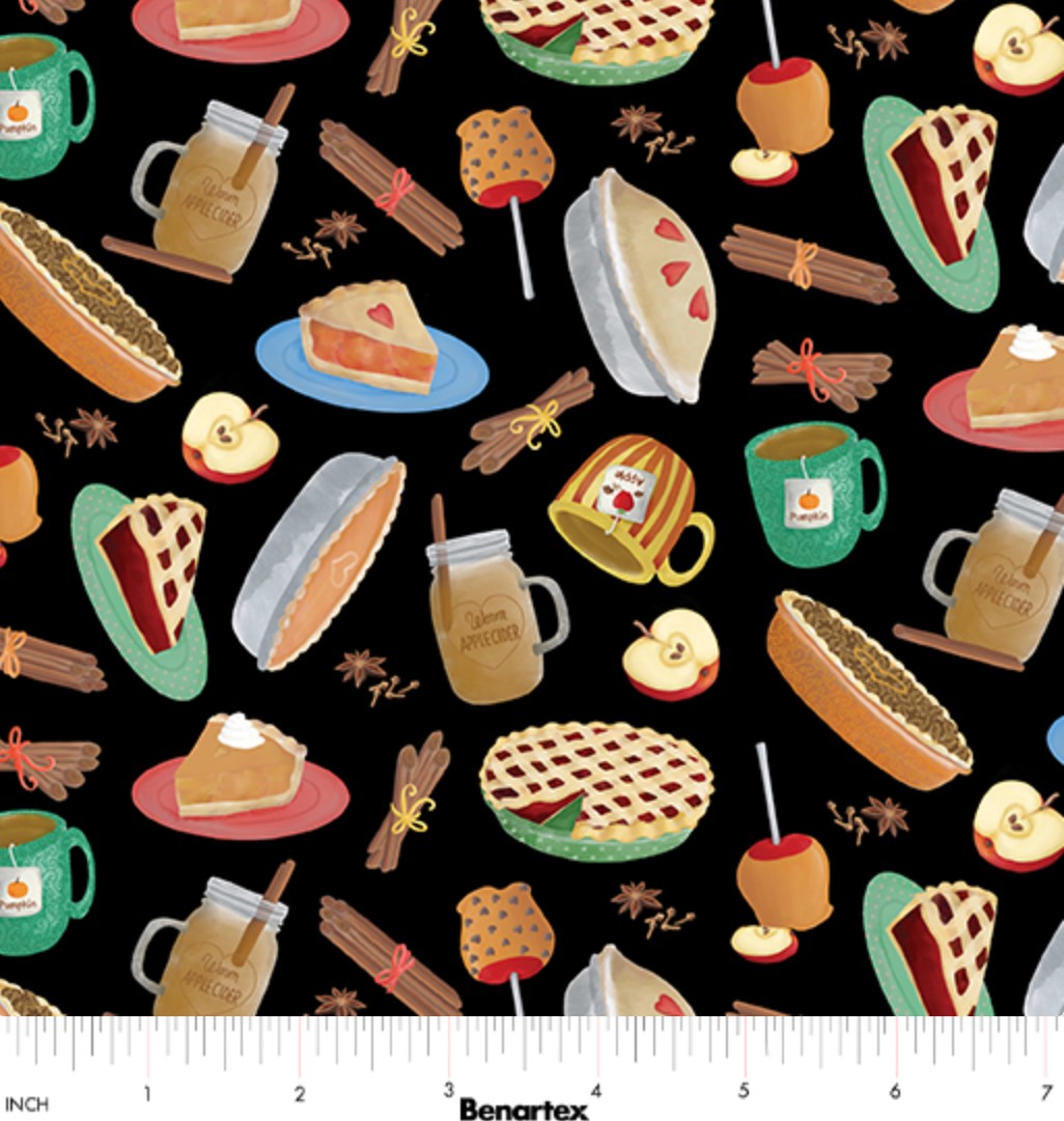 Benartex Thanksgiving Falling For Gnomes Treats On Black 100% Cotton Fabric Price per Yard