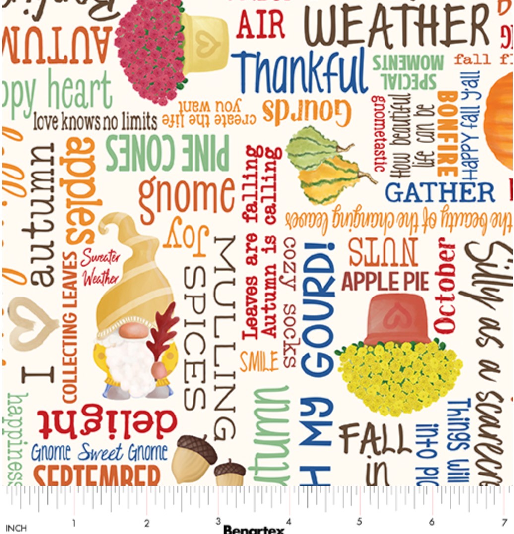 Benartex Thanksgiving Falling For Gnomes Words On Cream 100% Cotton Fabric Price per Yard