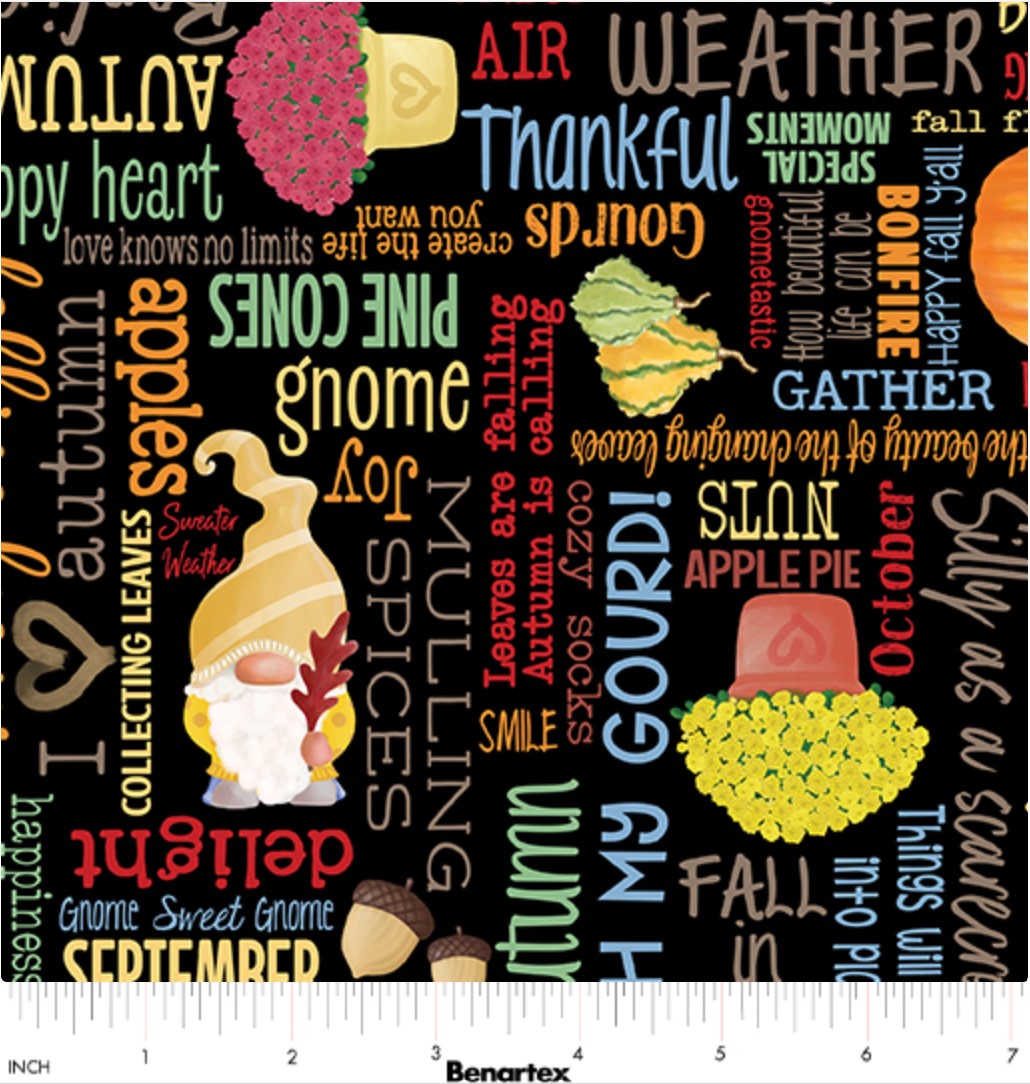 Benartex Thanksgiving Falling For Gnomes Words On Black 100% Cotton Fabric Price per Yard