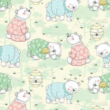 A.E. Nathan Comfy Flannel Bears and Bees on Yellow Baby Price per Yard