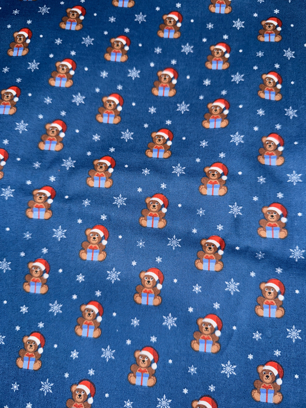 Christmas Teddy Bears with Gifts on Blue 100% Cotton Fabric