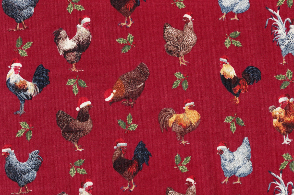 Christmas Roosters Chickens wearing Santa Hats on Red 100% Cotton