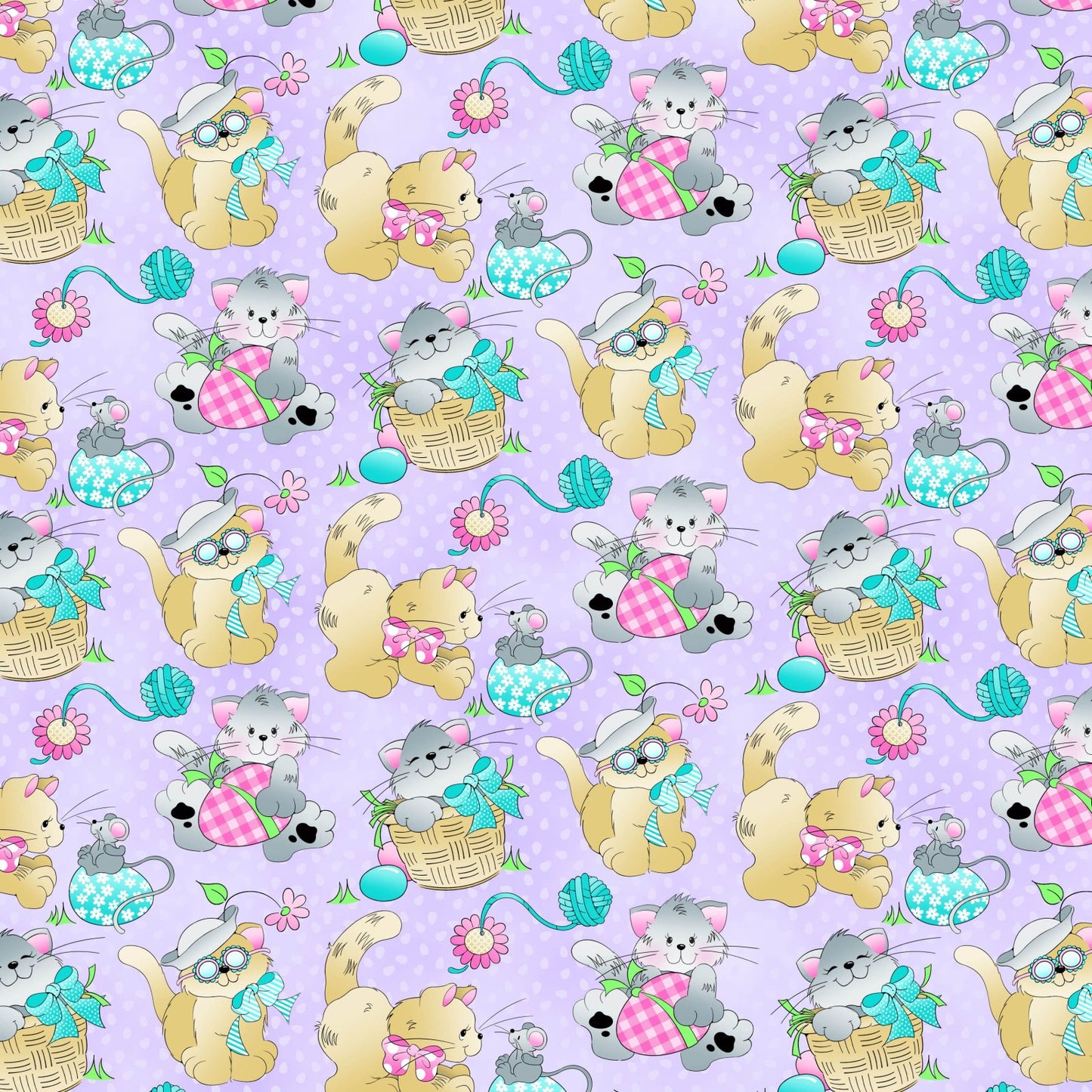 Fabric Traditions Easter Cats Kittens Kitties Purple 100% Cotton