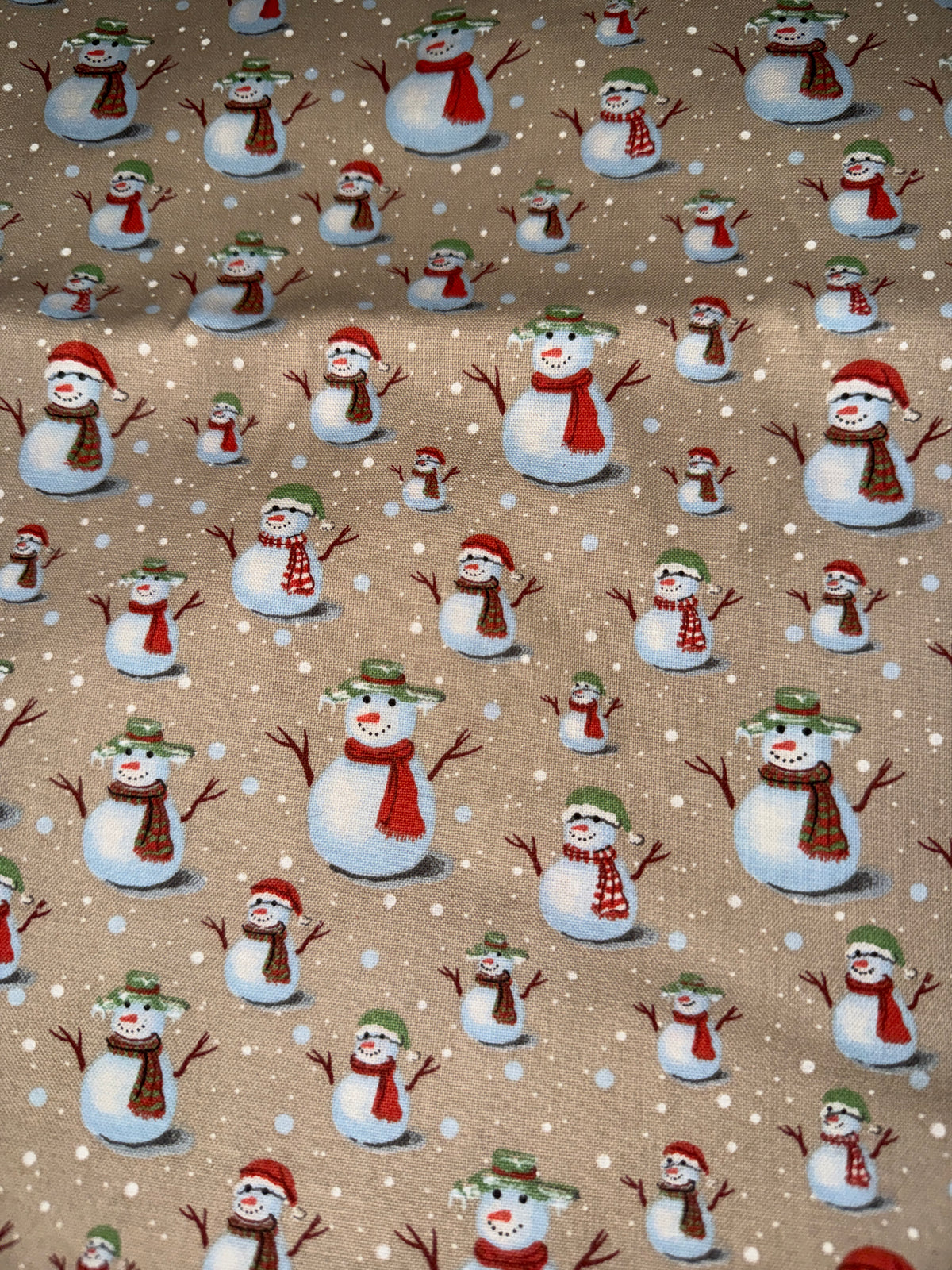 Christmas Snowmen Family on Tan 100% Cotton Fabric