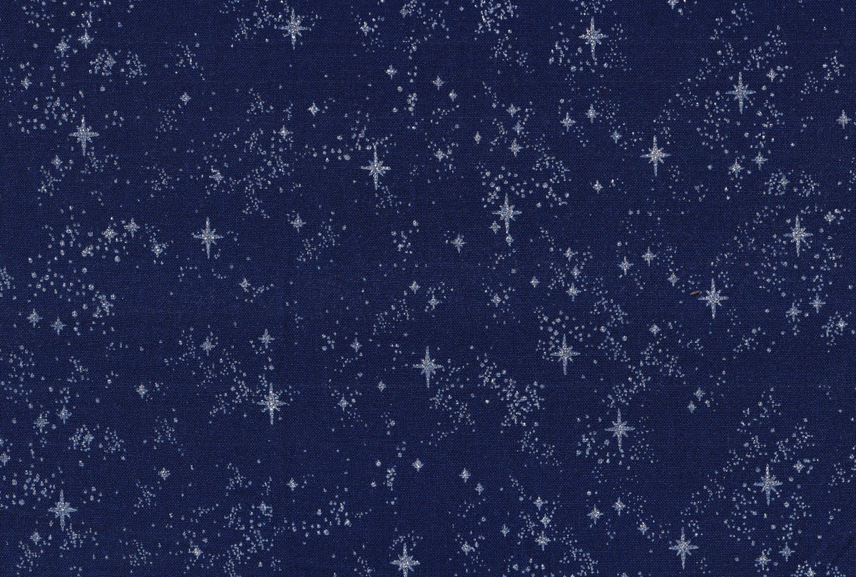 Christmas Winter Sky Stars Glitter on Blue 100% Cotton Price per Yard