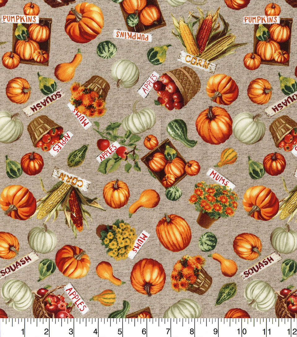 Hi Fashion Pumpkin Apples and Mums on Tan Thanksgiving By the Yard