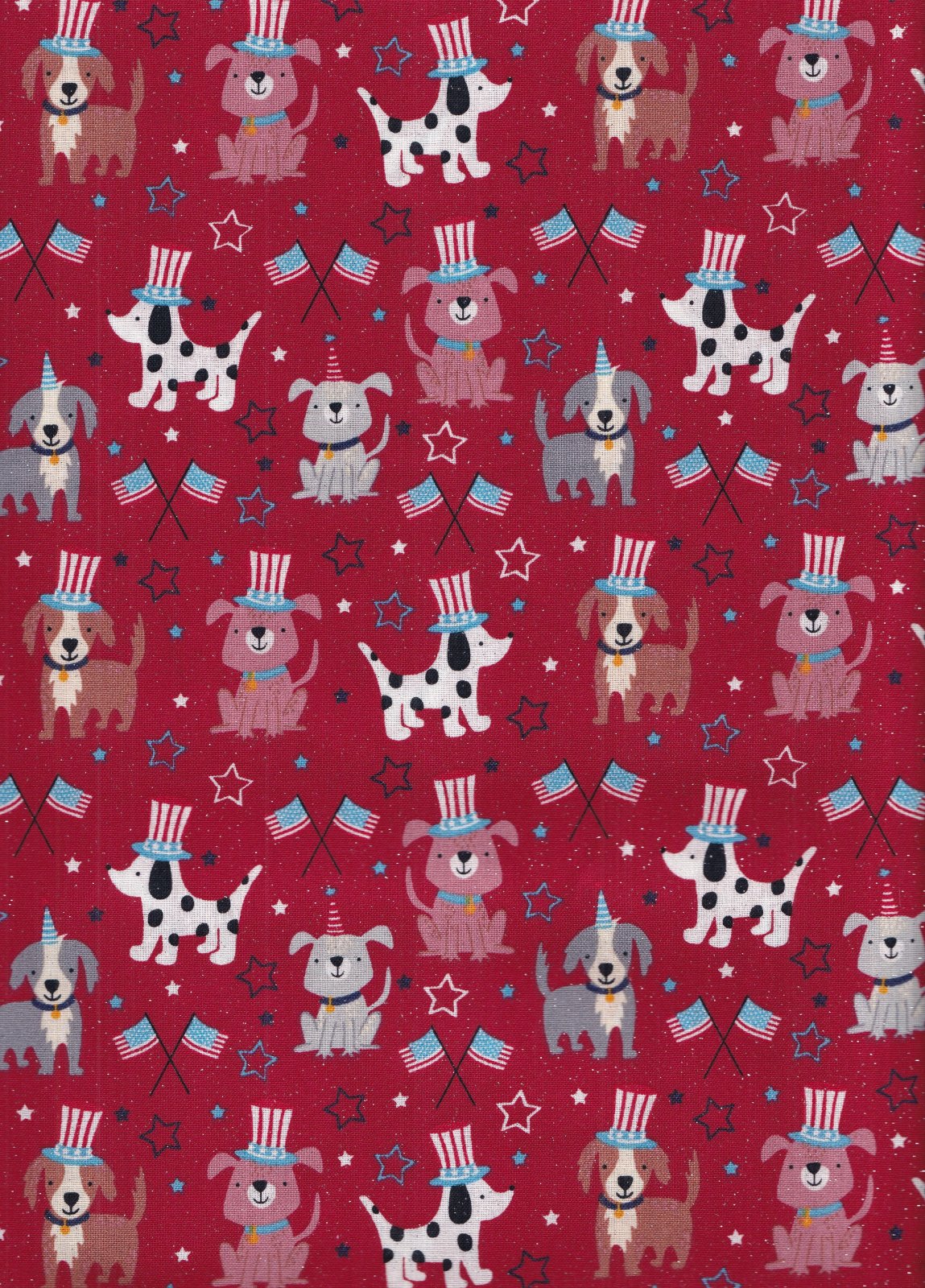 Patriotic Dogs Pups Wearing Hats on Red Glitter 100% Cotton Price per Yard