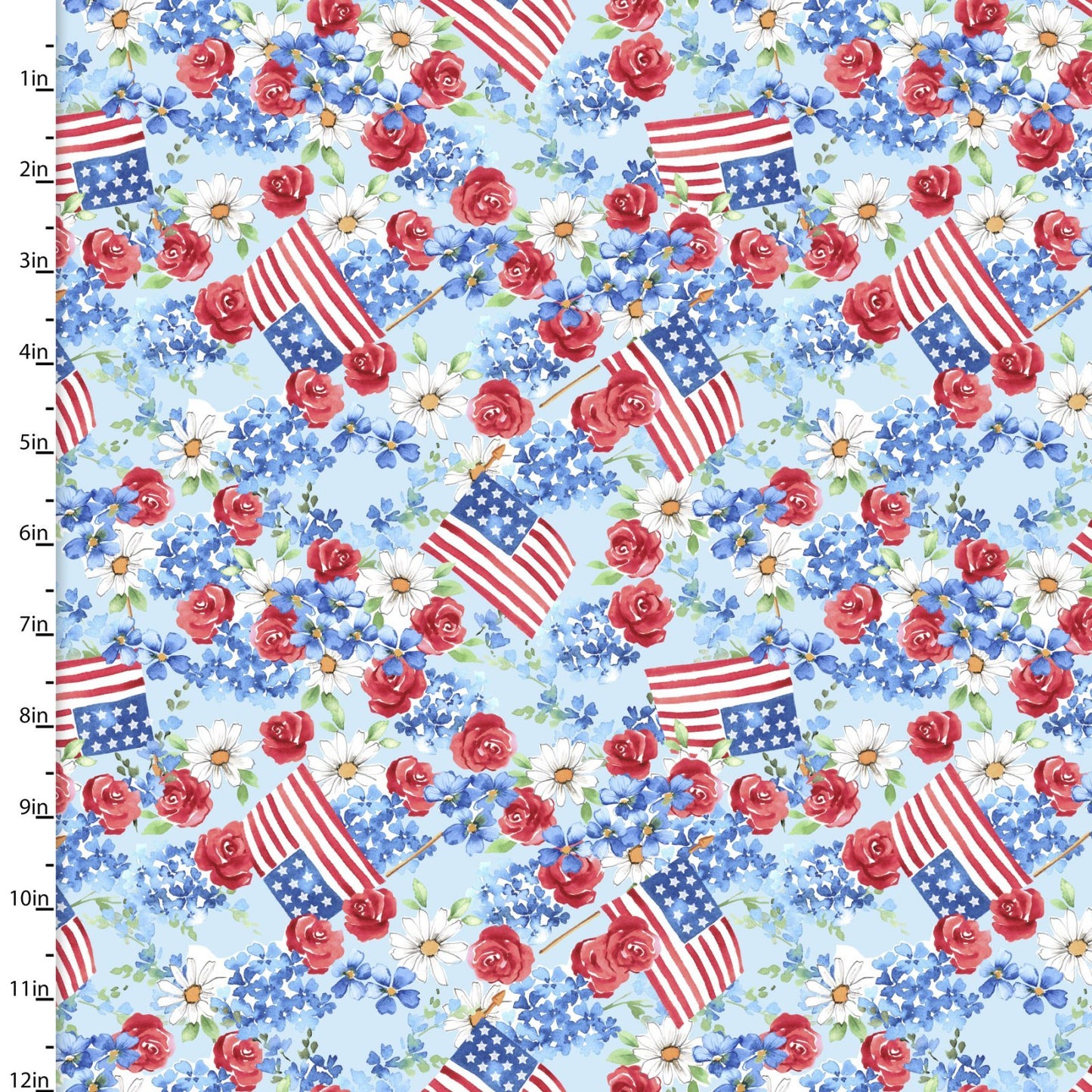 3 Wishes Fabric Patriotic Victory Floral and Flags on Light Blue Price per Yard