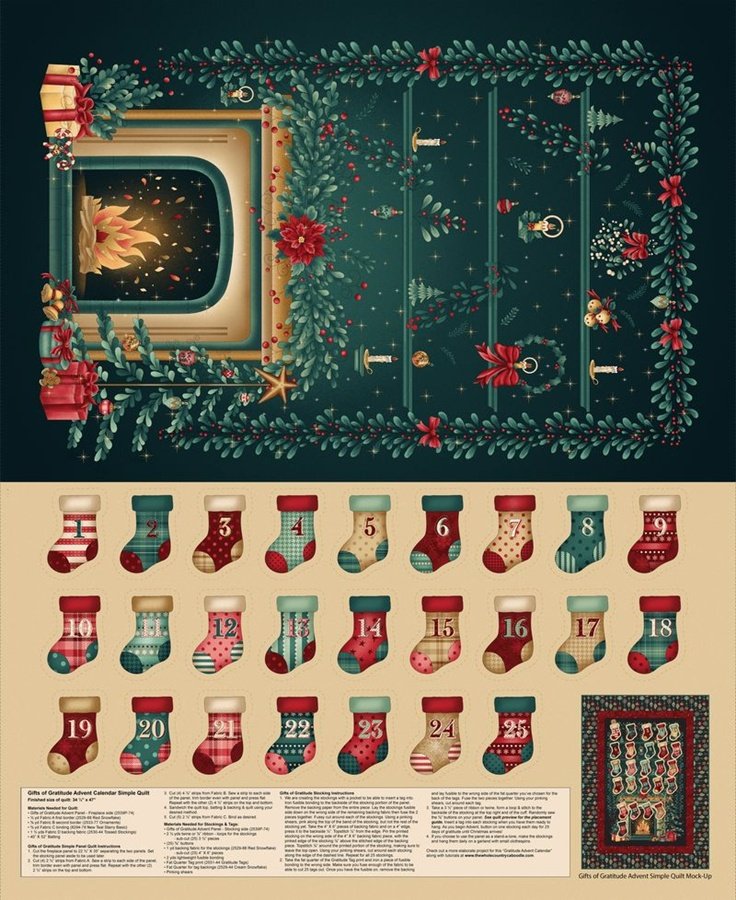 Christmas Advent Calendar Panel Stockings Gifts of Gratitude on Green Teal Cream