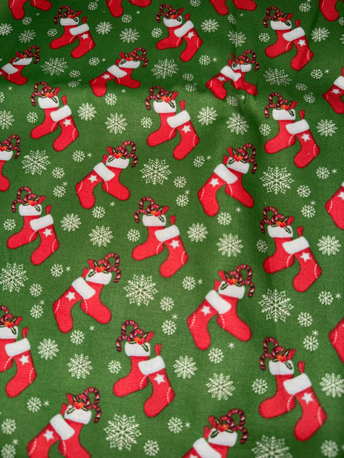 Christmas Red Stockings and Candy Canes on Green 100% Cotton Fabric By the Yard