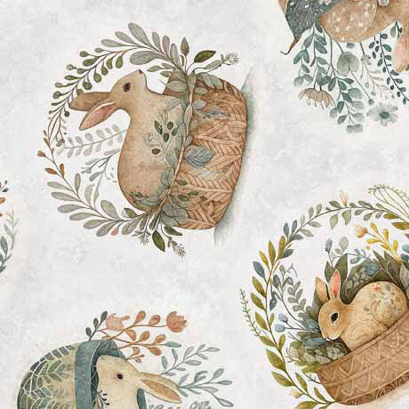 Quilting Treasures Easter Cotton Tails Rabbit & Basket Toss on Gray
