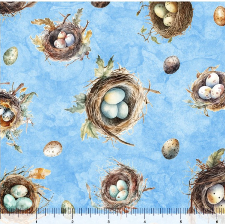 Quilting Treasures Easter Birdsong Bird Nests and Eggs on Blue
