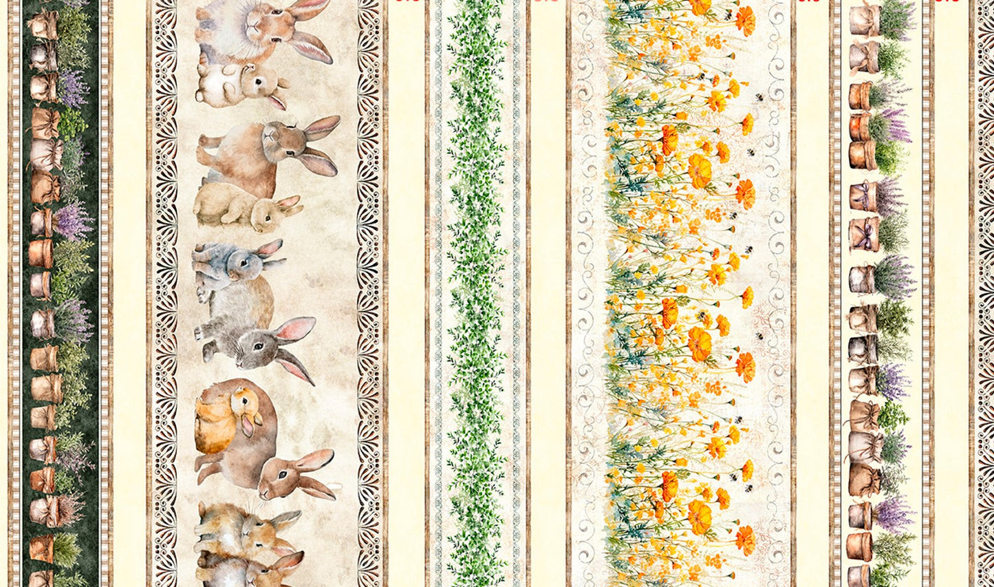 Quilting Treasures Easter Hunny Bunny Buniesy & Floral Border Stripe on multi